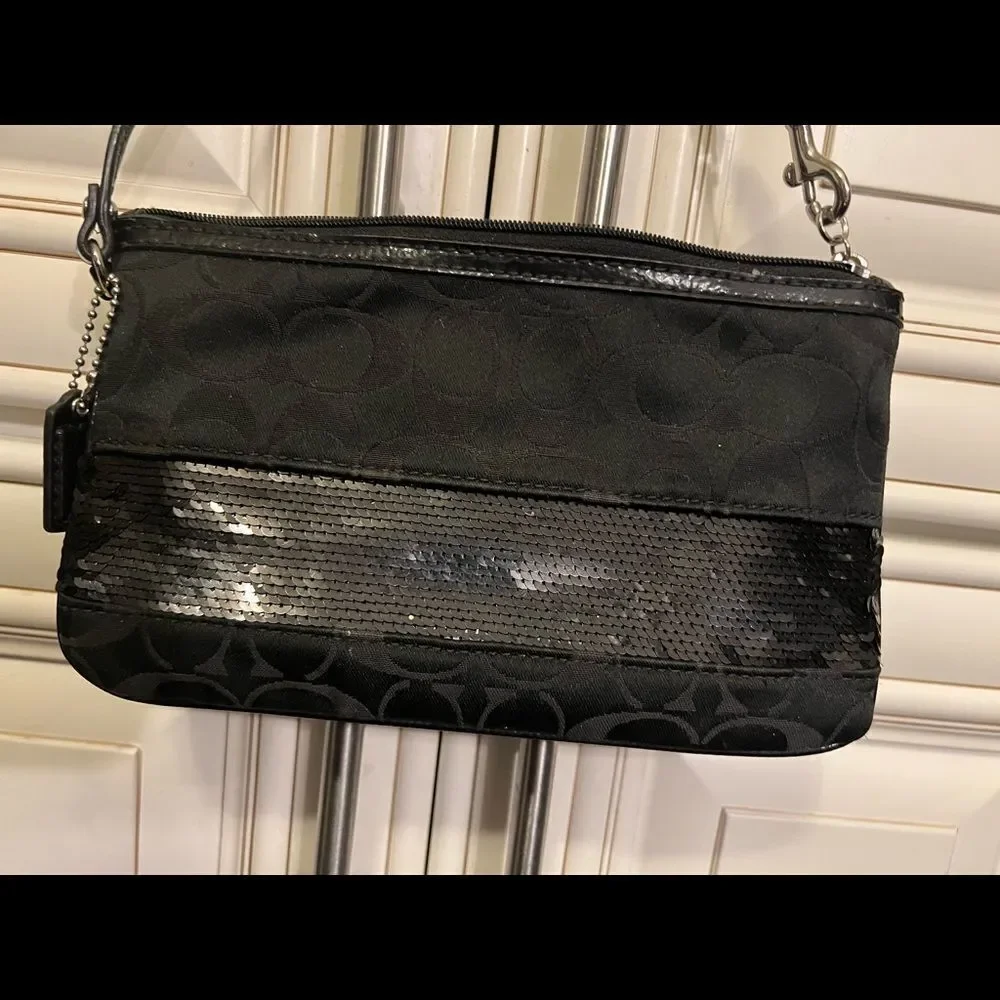 coach signature large flat sequin wristlet bag